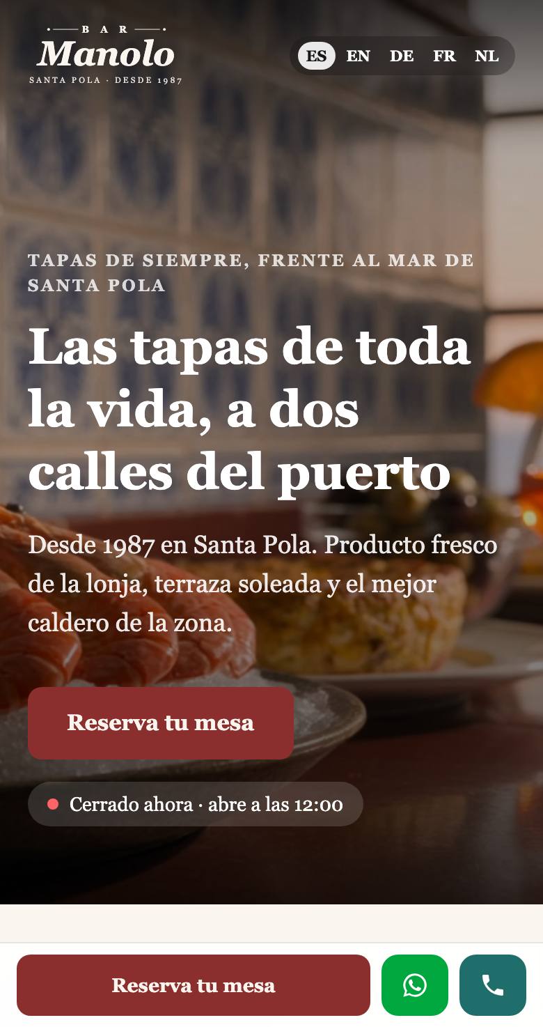 La web real de Bar Manolo en un móvil